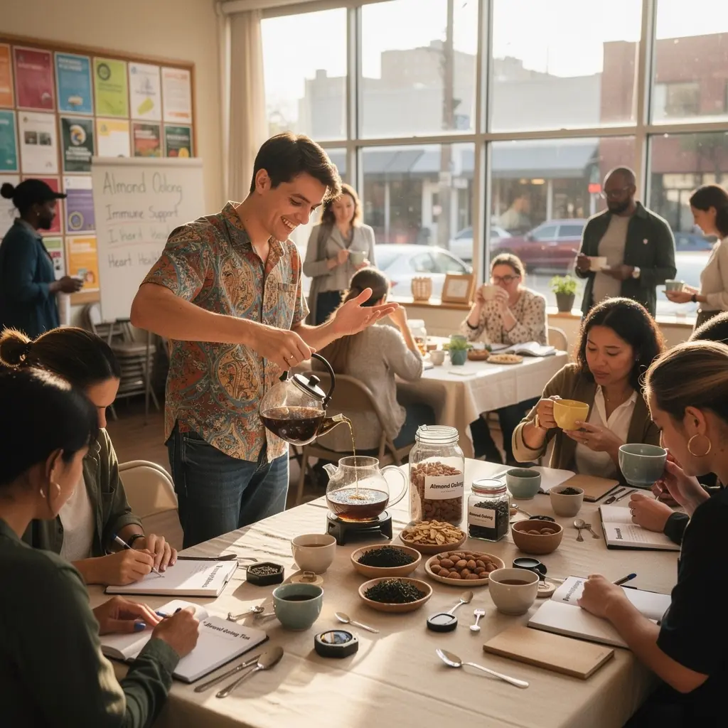 Frissen főzött mandulás oolong tea, amelynek színe aranybarna.